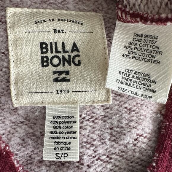 NWOT Billabong Hoodie Pullover Sweatshirt Small Burgundy Beige Stripe Fleece - Picture 7 of 9